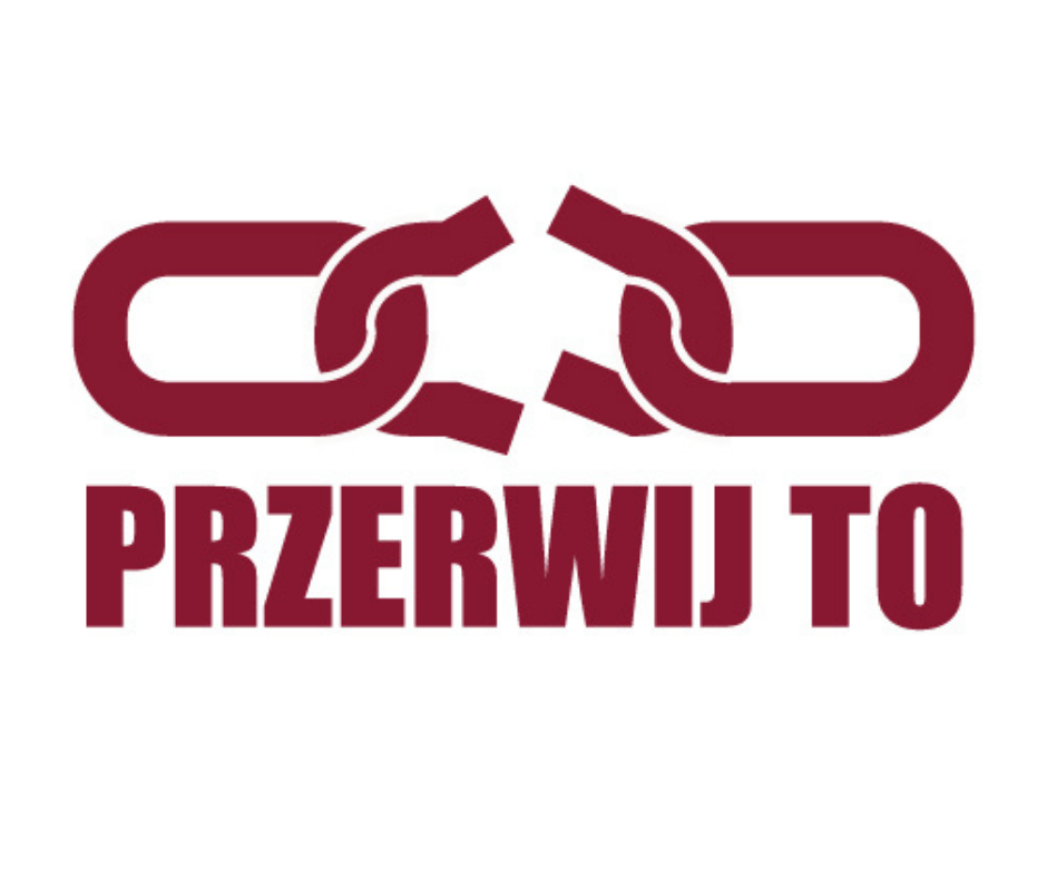 Fragment splotu łańcucha przerwanego w jednym miejscu. Pod spodem napis: Przerwij To