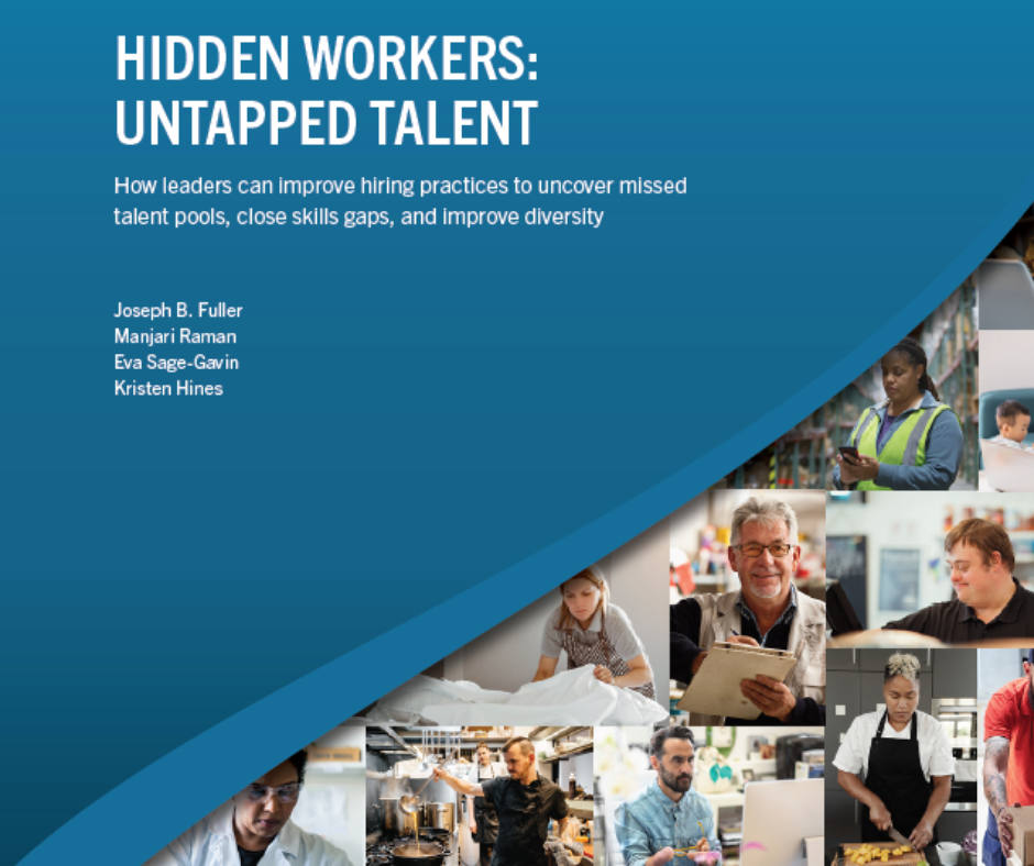 Plakat, a na nim małe kwadratowe zdjęcia przedstawiające ludzi wykonujących różne zawody.