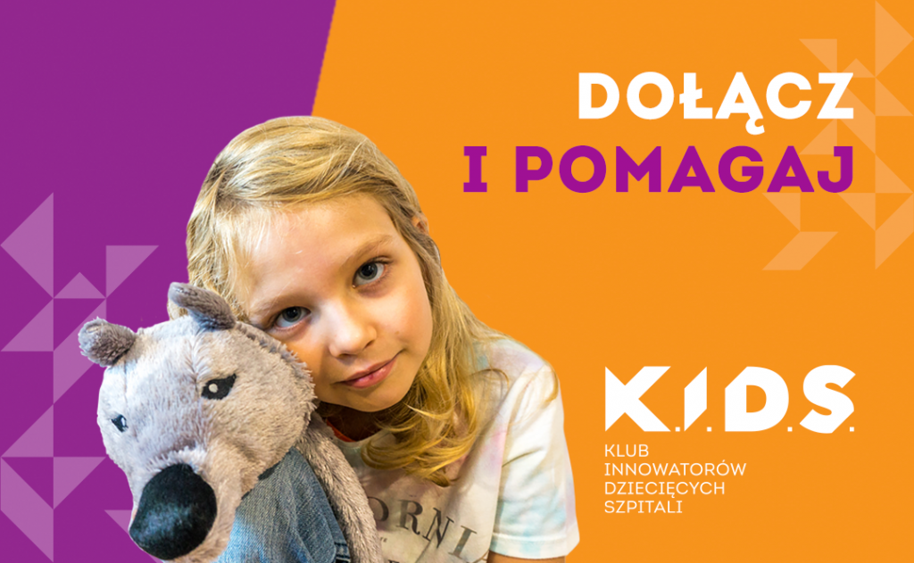 Mała dziewczynka z maskotką psa i napis Dołącz i pomagaj, fundacja KIDS