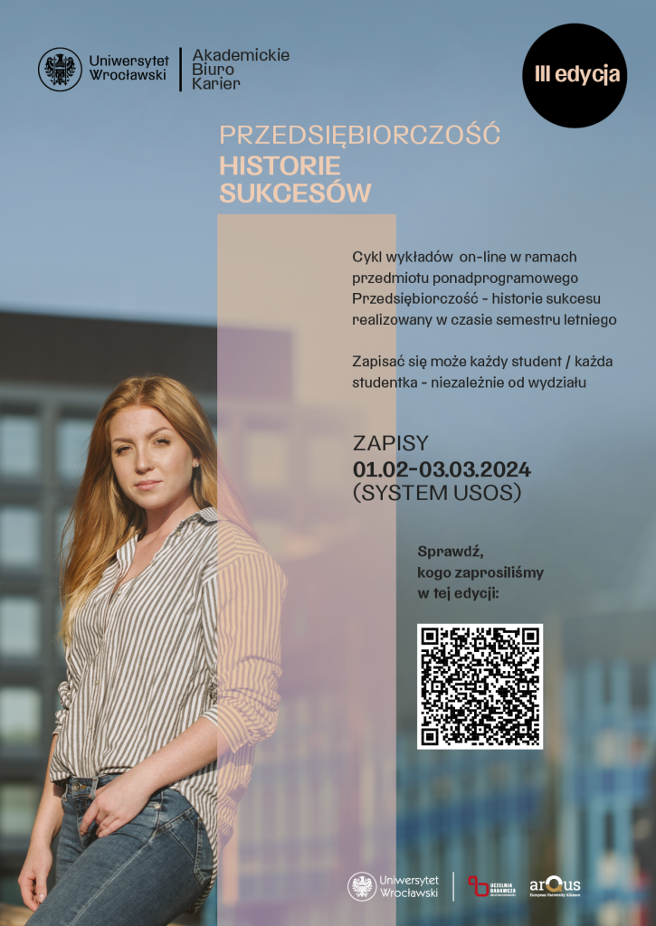 Plakat promujący przedmiot Przedsiębiorczość Historie Sukcesów. Młoda dziewczyna w długich blond włosach ubrana w koszulę i dżinsy stoi na tle jednego z budunków UWr.