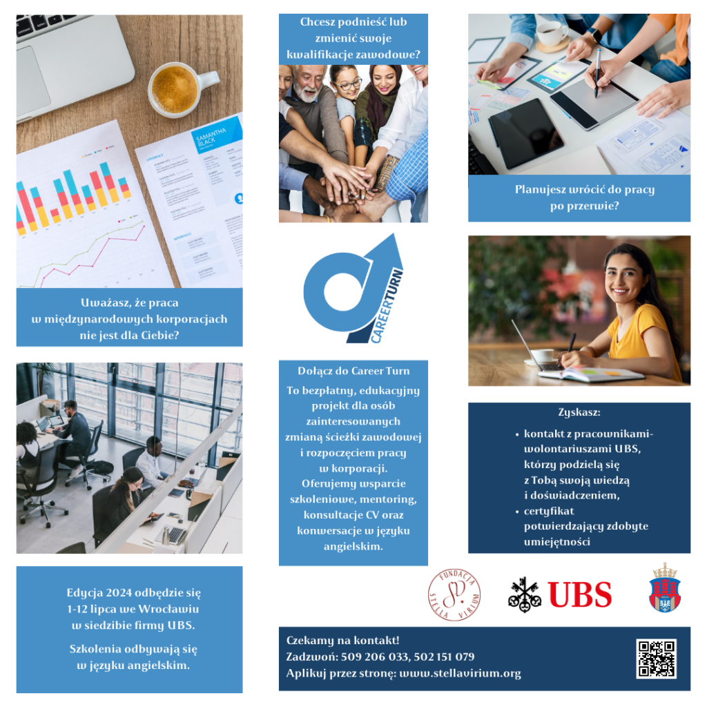 Plakat tekstowy, którego treść znajduje się w dalszej części ogłoszenia. Plakat dotyczy bezpłatnego projektu dla osób poszukujących pracy Career Turn