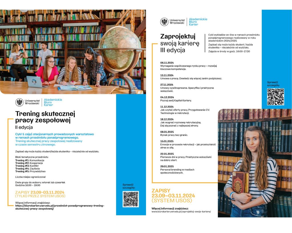 Grafika z dwoma plakatami przedmiotów ponadprogramowych Akademickiego Biura Karier