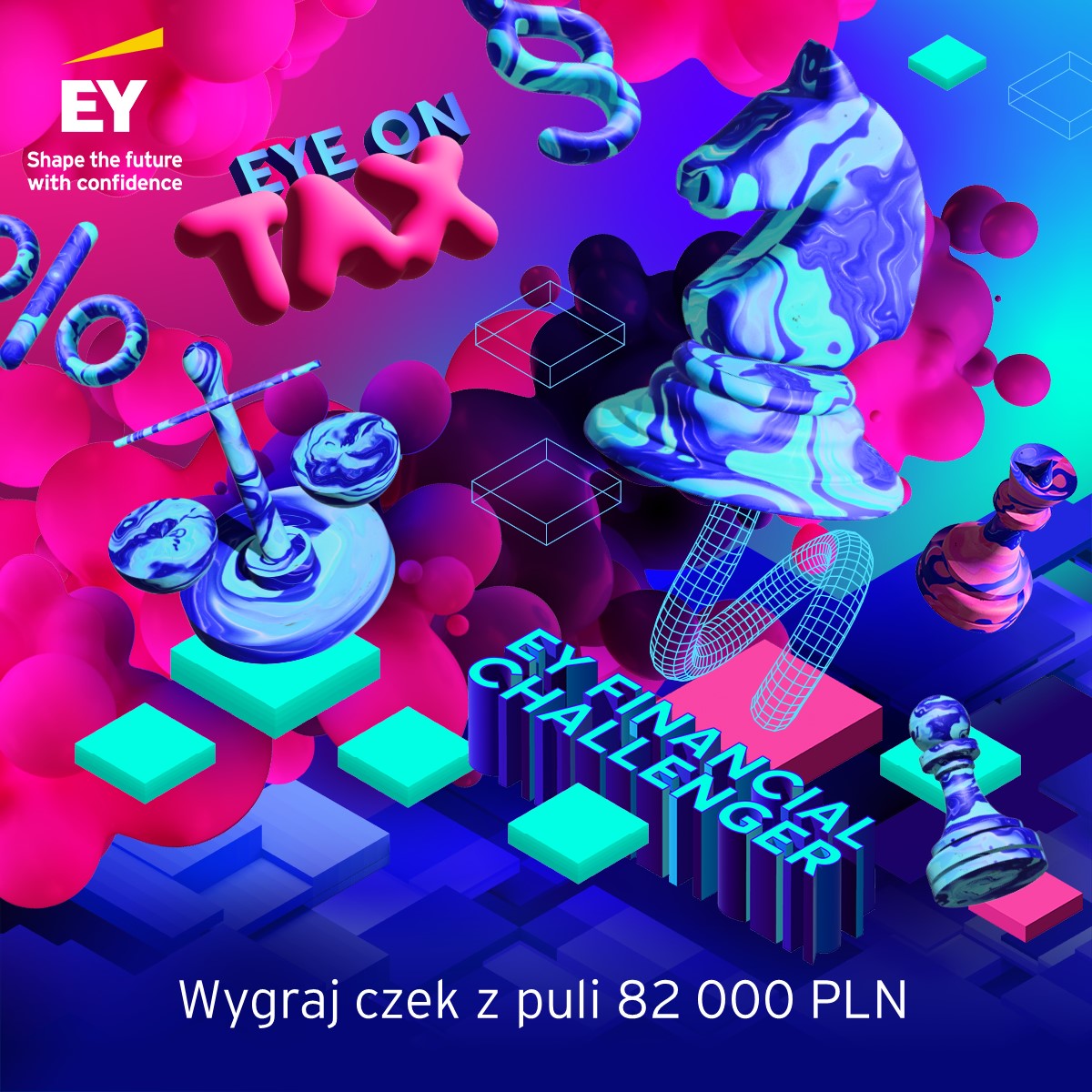 Grafika promująca konkursy firmy EY: Financial Chellenger, EyE on TAX