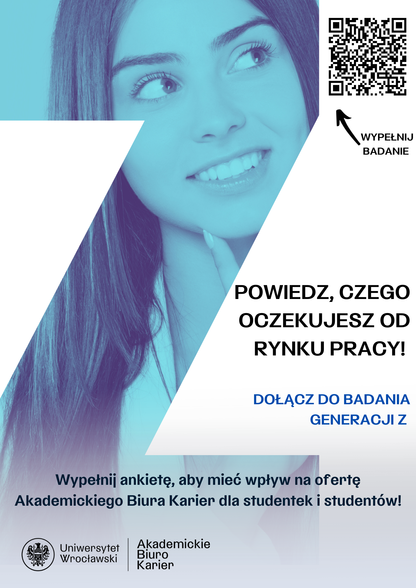 Plakat promujący udział w badaniu Generacji Z z QR kodem do badania