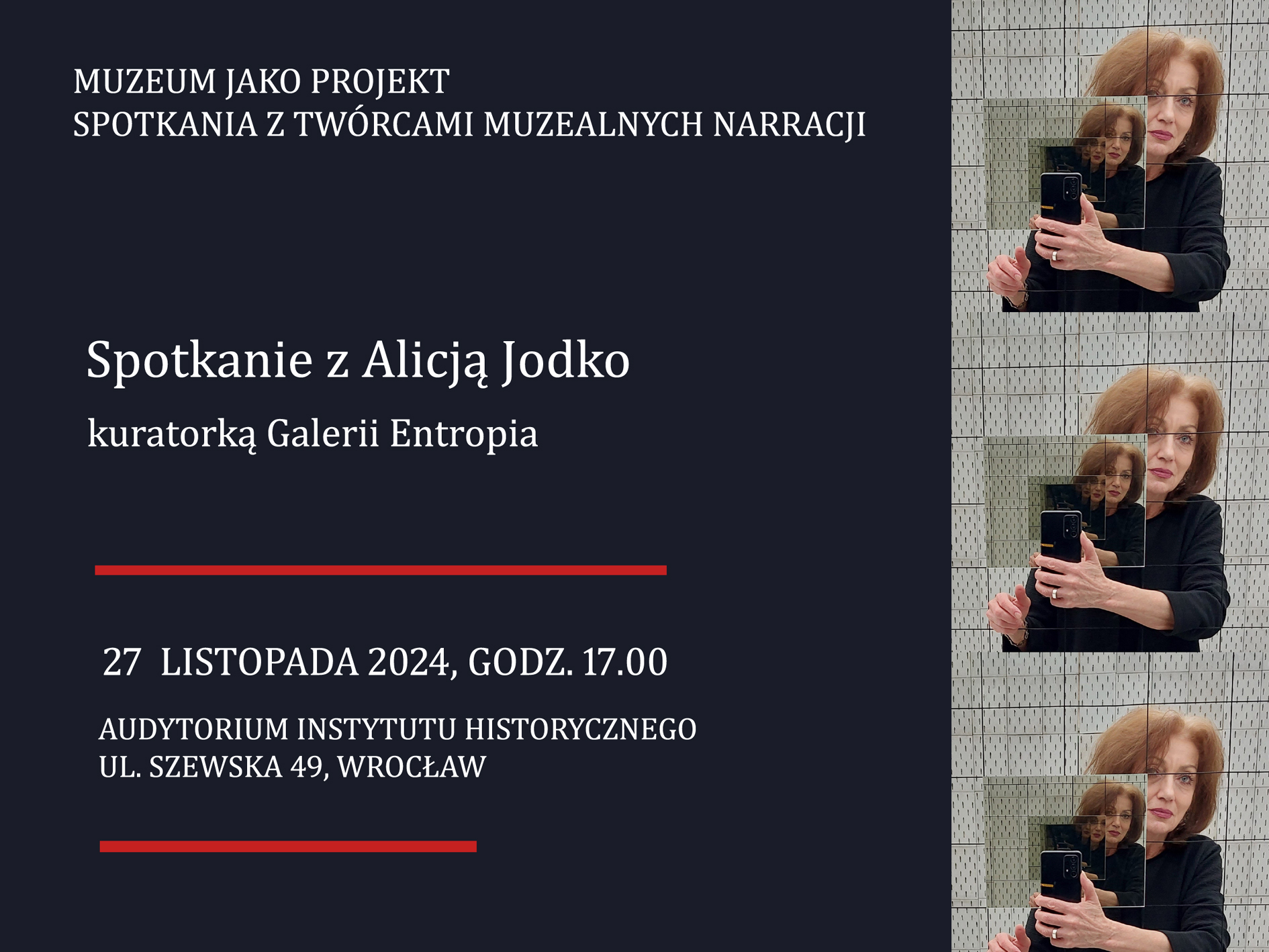 Plakat spotkania z Alicją Jodko, kuratorką Galerii Entropia