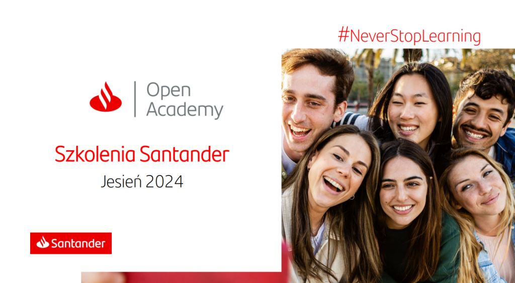 Plakat przedstawia grupę młodych, uśmiechnietych ludzi. Po lewej stronie jest napis Szkolenia Santander. Jesień 2024.