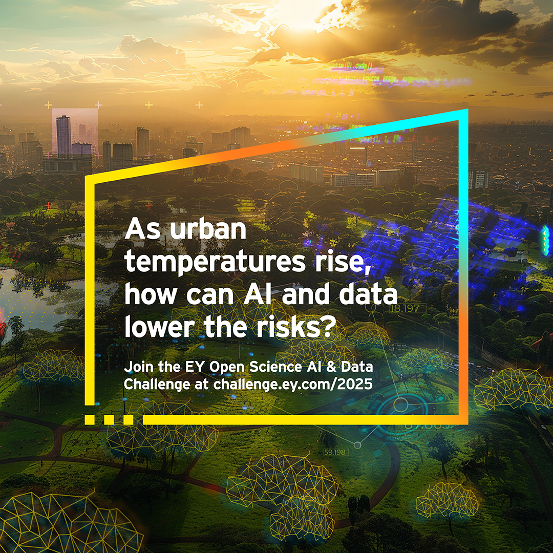 Grafika z zielonym krajobrazem z tekstem: As urban tempetures rise, how can AI and data lower the risk?