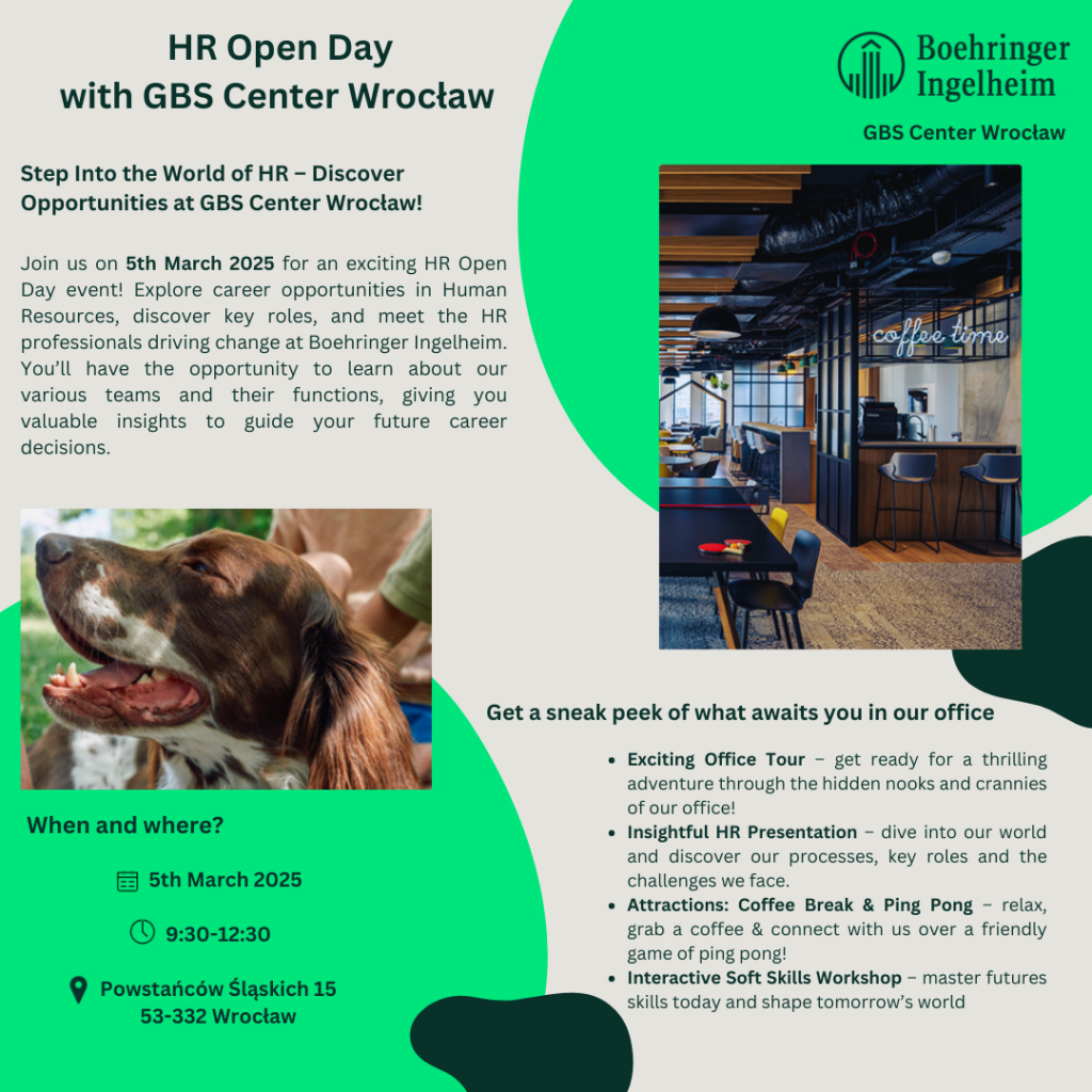 Grafika przedstawiająca zdjęcia psa oraz biura wraz z tekstem promującym dołączenie do HR Open Days w GBS Center Wrocław