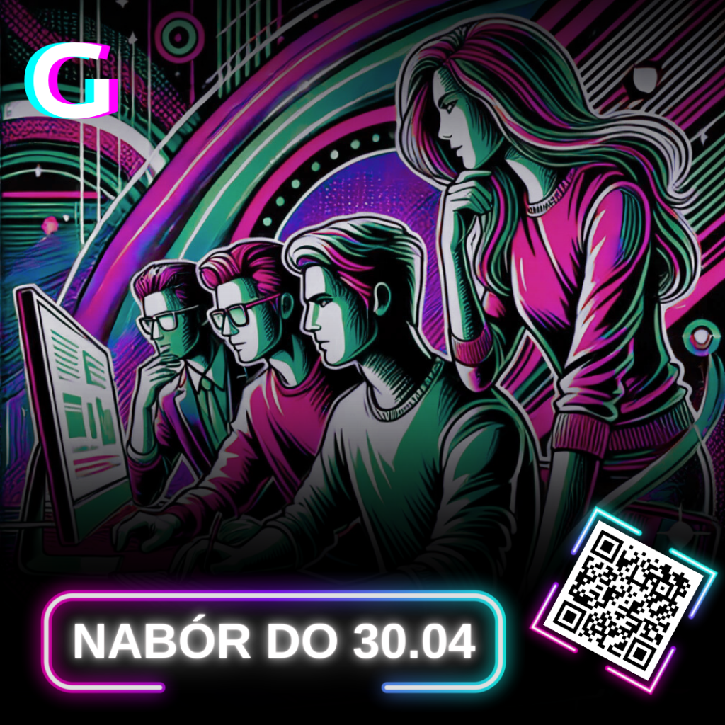 Grafika wygenerowana przez AI, w kolorach różowo-czarno-zielonych. Przedstawia 4 młode osoby przed komputerem.