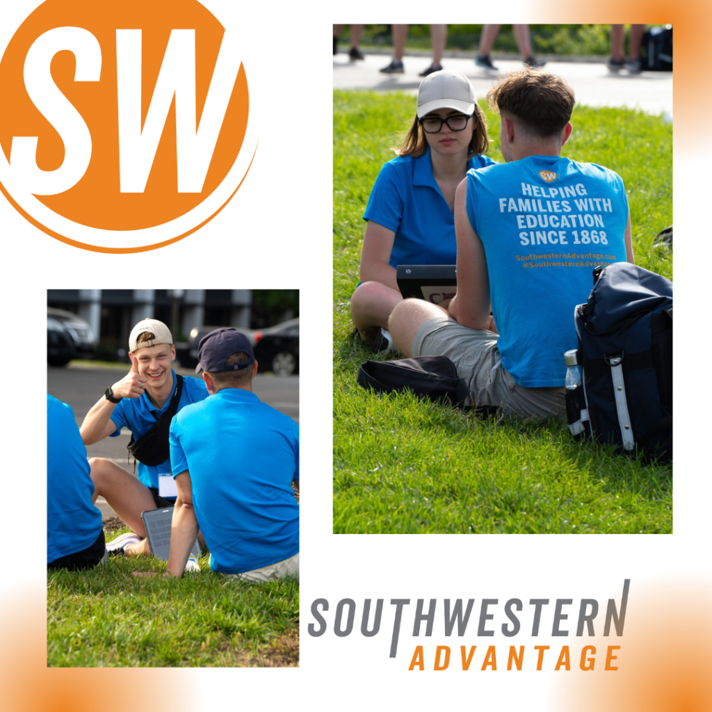 Grafika złożona z dwóch zdjęć na których młode osoby siedzą na trawie w niebieskich koszulkach. Zdjęciom towarzyszy podpis Southwestern Advantage