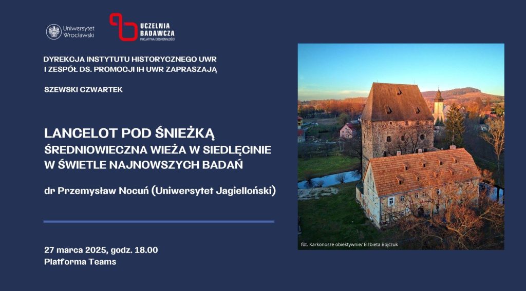 Grafika przedstawiająca średniowieczną wieżę oraz tytuł wykładu