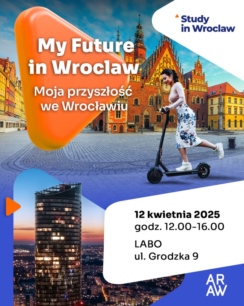 Plakat wydarzenia My future in wroclaw przedstawiający dziewczyna na hulajnodze jadącą po rynku wrocławskim a poniżej zdjęcie budynku sky tower przy zachodzie słońca