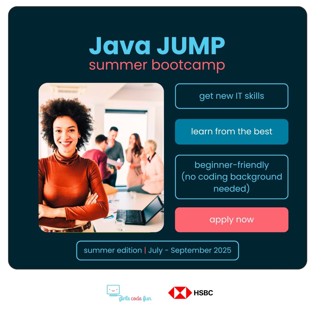 Grafika promująca program java jump. Na grafice widać kobietę z założonymi ręki stojącą w biurze a osoby w tle pracują przy stole.