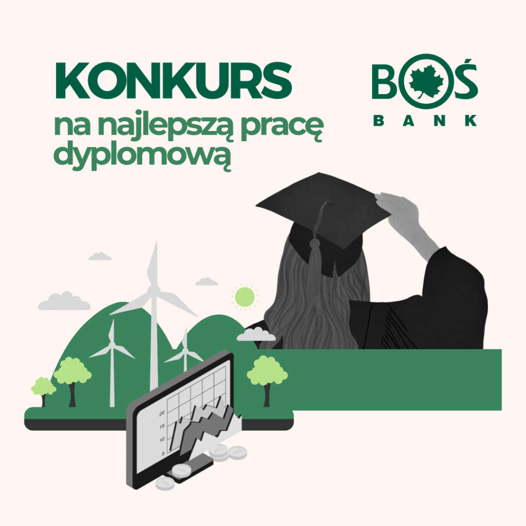 Grafika z absolwentkom w todze, napisem konkurs oraz logiem BOŚ