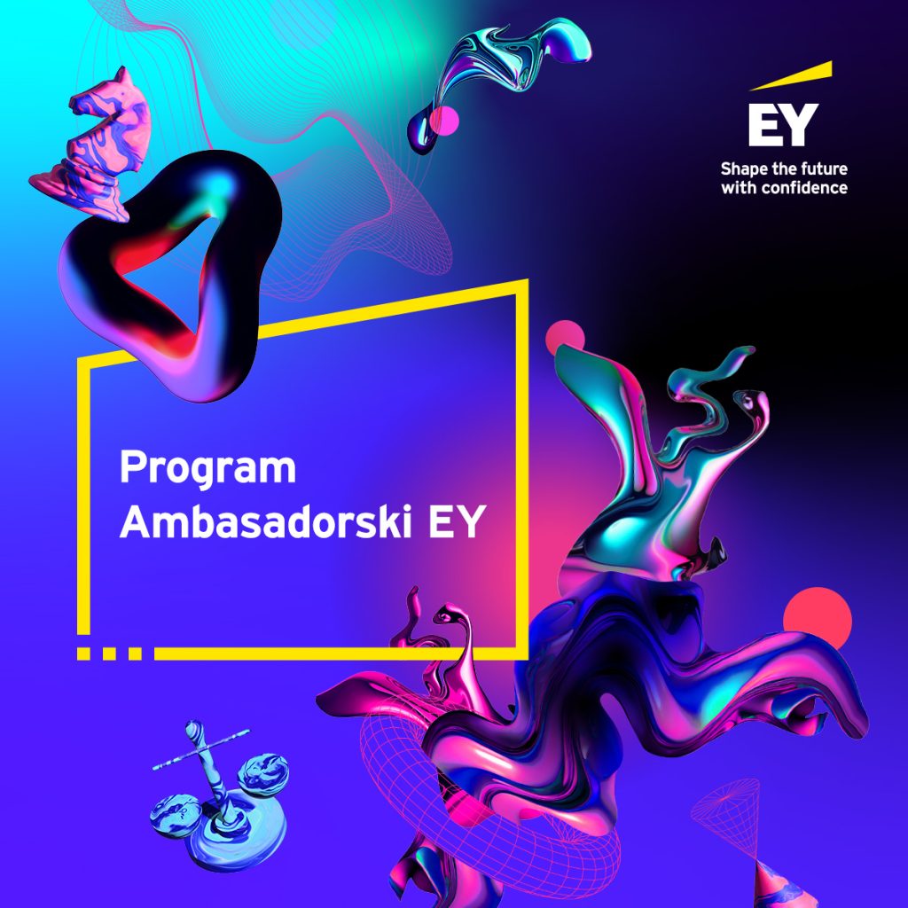 fioletowo-zielono-czarno-różowa grafika z nieregularnymi kształtami z napisem "Program ambasadorski EY"