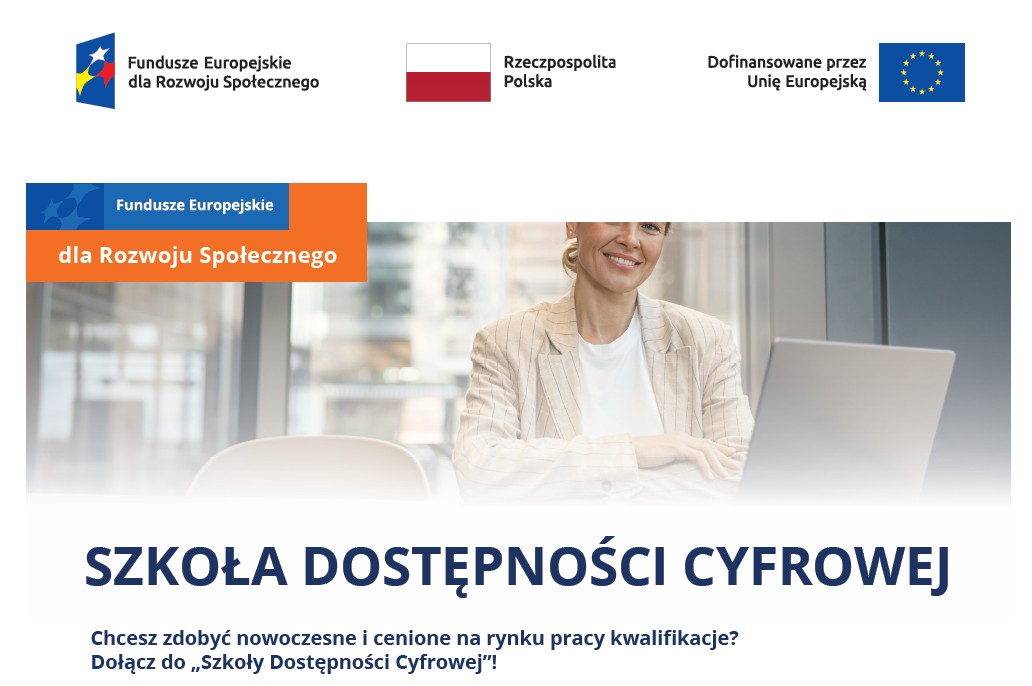 Kobieta w jasnej marynarce siedzi przed laptopem. Poniżej napis: Szkoła dostępności cyfrowej.