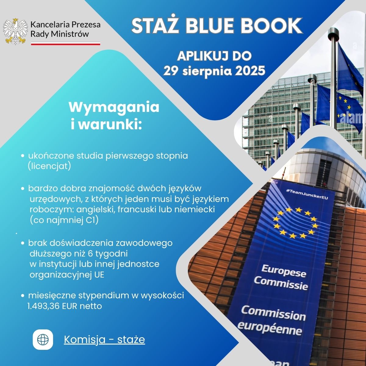 Grafika informująca o stażach w Komisji Europejskiej Blue Book