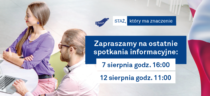 Ludzie siedzący przy stole, napis mówiący: staz administracyjny, zapraszamy na spotkanie informacyjne 7 i 12 sierpnia.