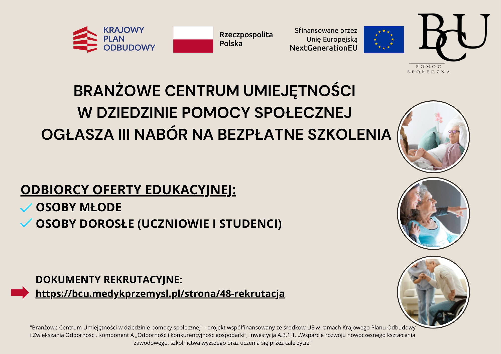 Ulotka promująca szkolenia z zakresu pomocy społecznej