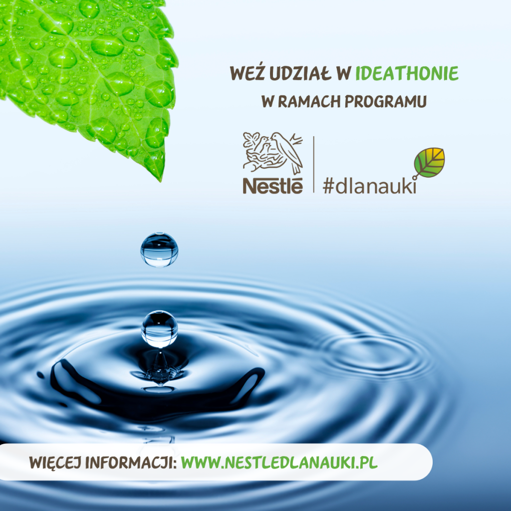kropla wody spływająca z liścia na taflę wody i napis weź udział w IDEATHONIE