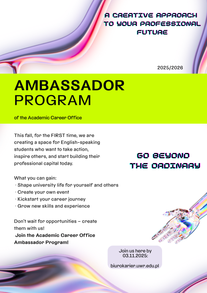 poster promoting ambassador program, colorful, with futuristic hand pointing to the date of the recruitment end