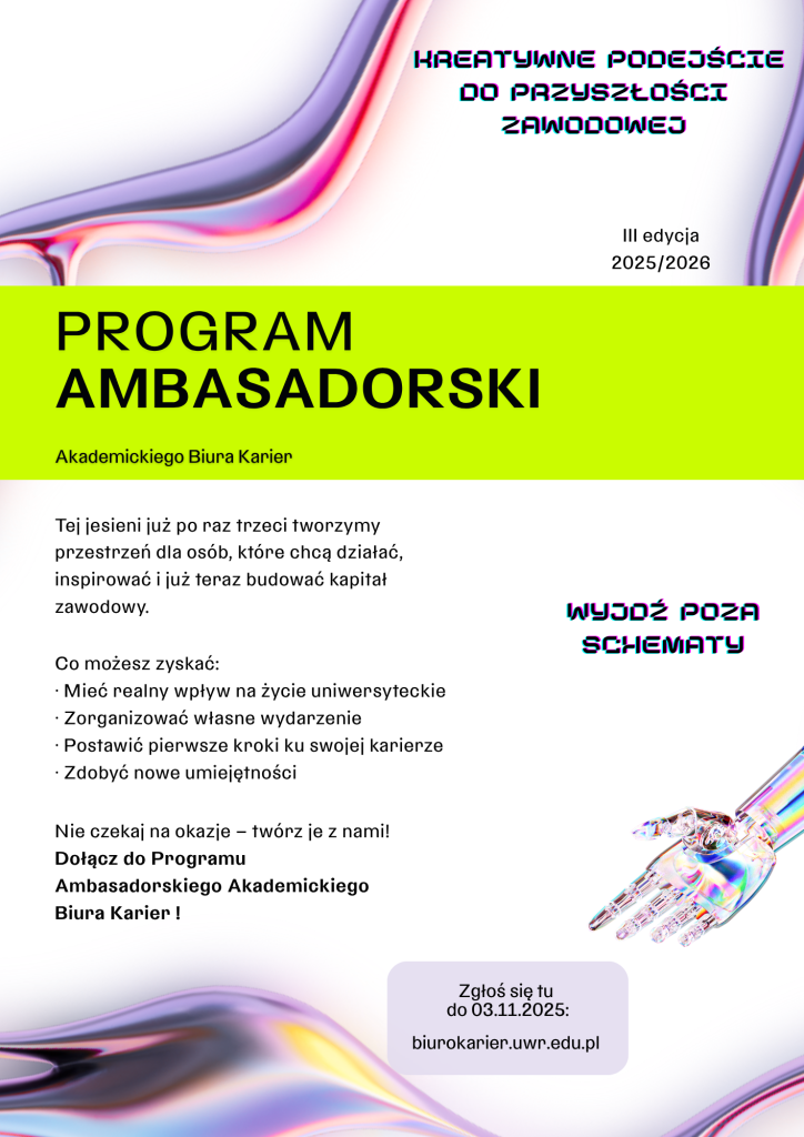 plakat promujący program ambasadorski, kolorowe elementy, futurystyczna ręka wskazująca na termin rekrutacji