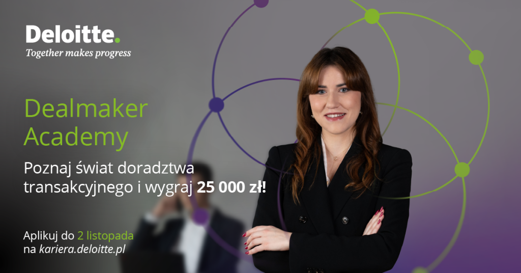 Kobieta w czarnym garniturze z założonymi rękami na szarym tle, a nad nią napis promujący Dealmaker Academy
