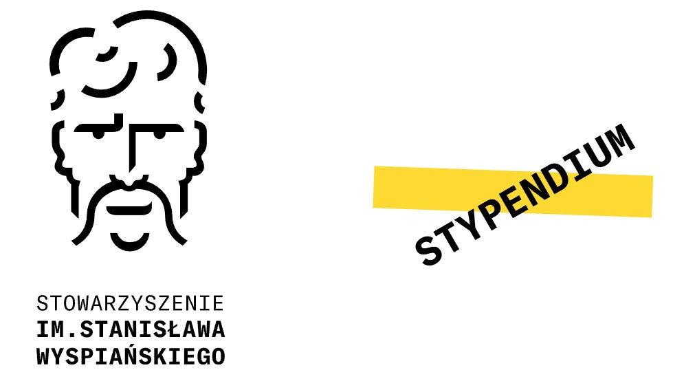 narystowana czarną linią głowa stanisława wyspiańskiego z napisaem stypendium obok po prawej stronie.