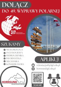 plakat promujący oferty pracy w jednostce badawczej PAN na spitzbergenie wraz z kodem QR