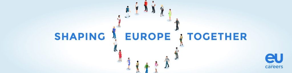 napis "shaping Europe together", poeple standing in the circle