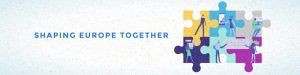 shaping europe together - napis promujący współpracę, obrazek kolorowych puzzli symbolizujących współpracę