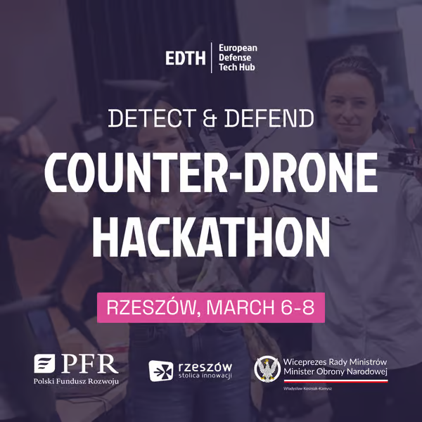 fioletowy obrazek z ludźmi w tle i białym napisem counter-drone hackathone