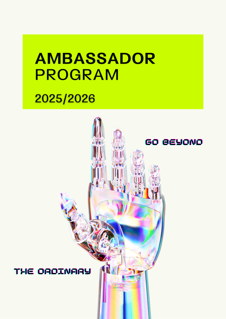 Plakat promujący program ambasadorski. robotyczna kolorowa ręka wskazująca na napis program ambasadorski 2025/2026.