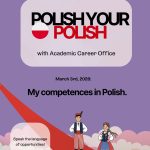 plakat promujący Polish your Polish, dwa krakowiaczki na fioletowym tle.