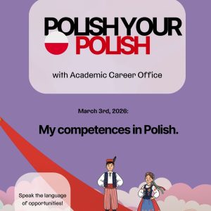 plakat promujący Polish your Polish, dwa krakowiaczki na fioletowym tle.