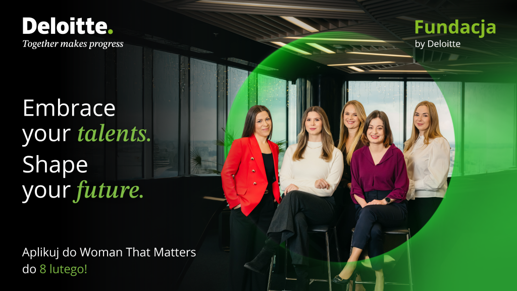 Grupa pięciu kobiet stoi w biurze. obok nich napis Embrace your talents. Shape your future.