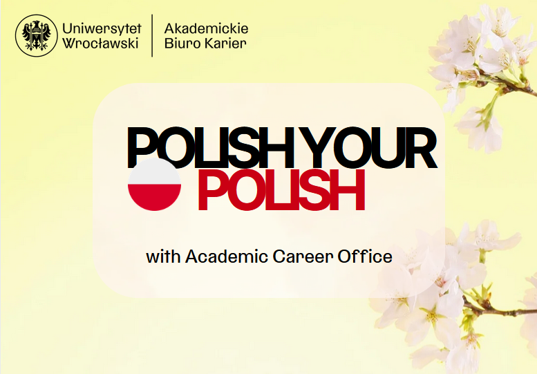 czarno-czerwony graficzny tytuł "Polish your Polish" na jasnożółtym tle, z delikatną gałązką kwiatów