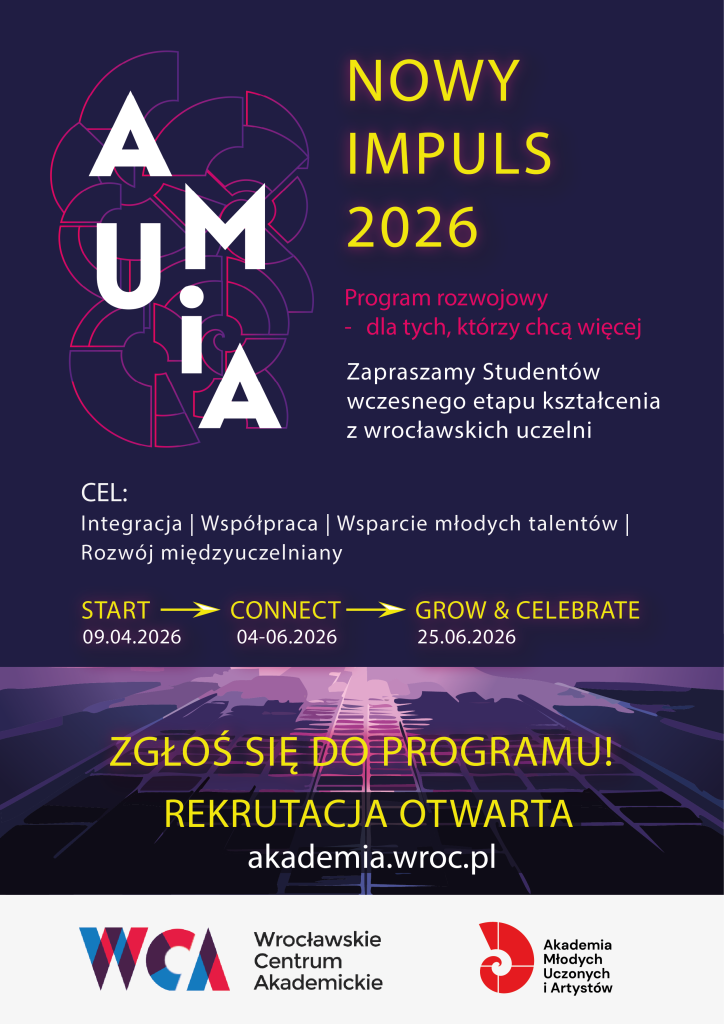 Plakat promujący inicjatywę Nowy Impuls - dużo tekstu na ciemnym tle i logotypy