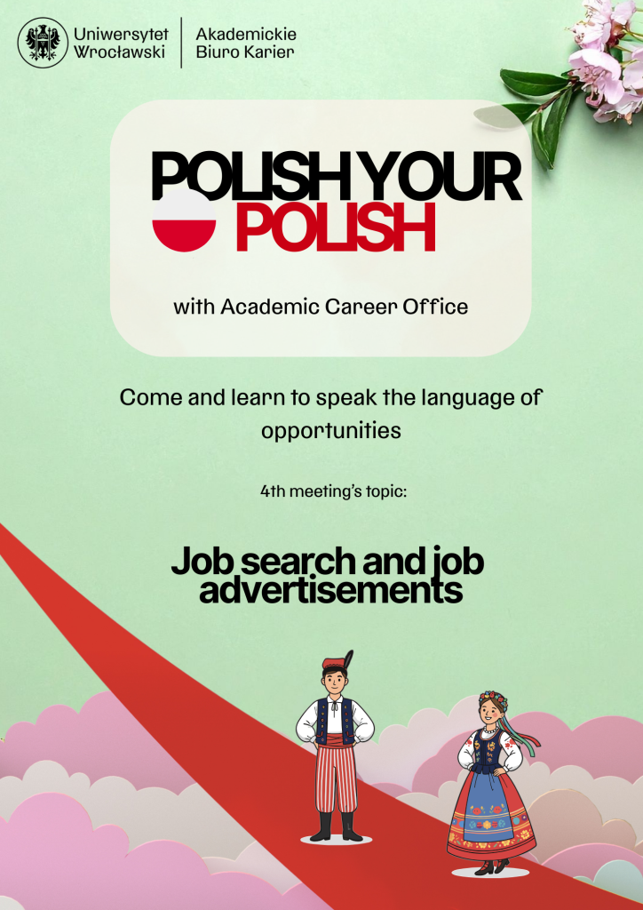 grafika Polish your polish na jasno zielonym tle, z wiosennymi kwiatami, grafiką krawkowiaczak i krakowiaczki i tytułem 4 zajęć