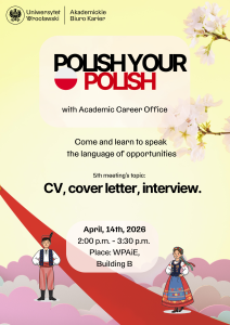 Graficzny plakat polish your polish, na żółtym tle różowe chmury, krakowiaczek i krakowiaczka plus informacje o dacie i temacie wydarzenia.