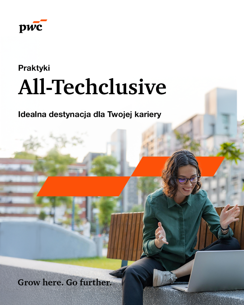 Młoda kobieta siedzi na ławce na dworze obok niej napisy informujące o programie stażowym od firmy Pwc