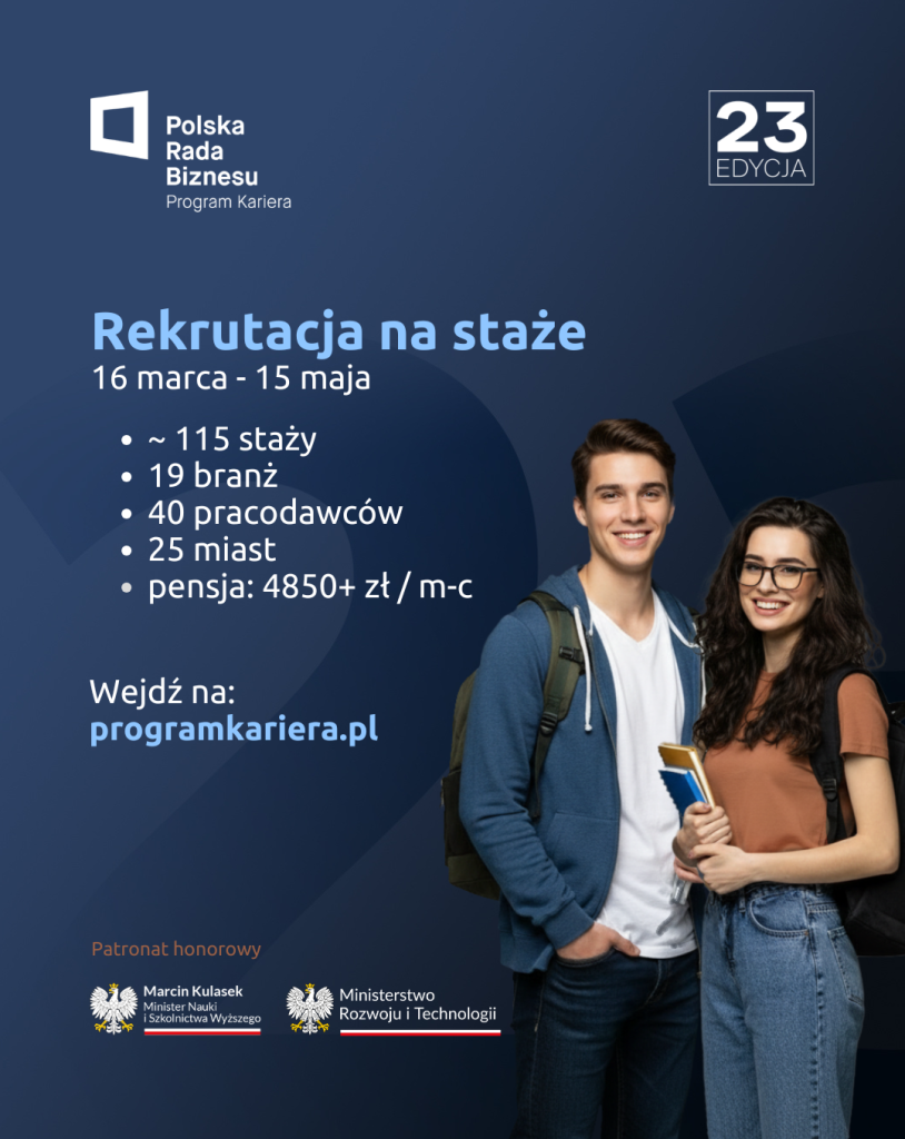 dwóje młodych osób stoi na tle granatowego tła. Promują Program Kariera