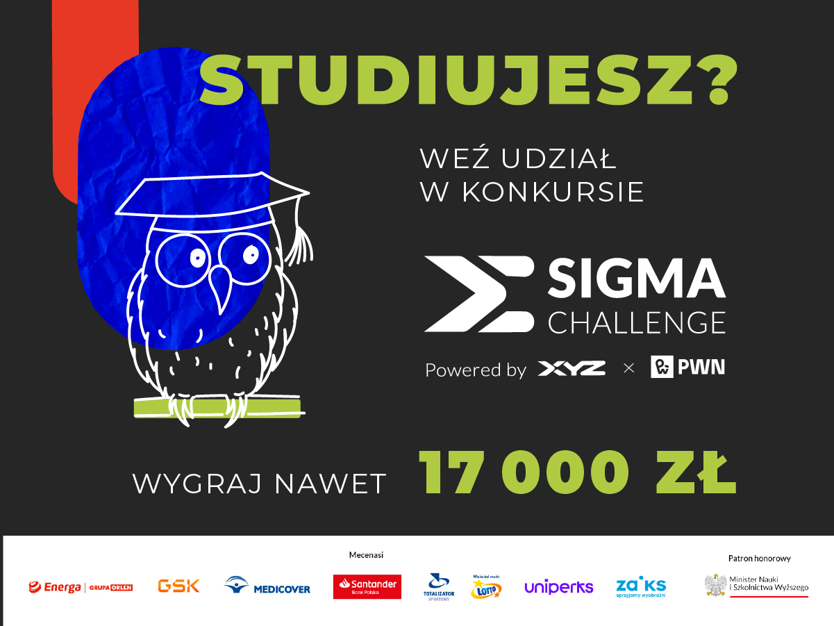 narysowana sowa na czarnym tle, obok napisy promujące konkurs sigma challenge