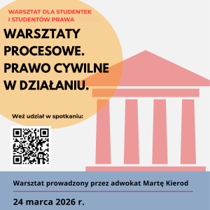 Grafika promująca warsztat dla studentek, studentów prawa