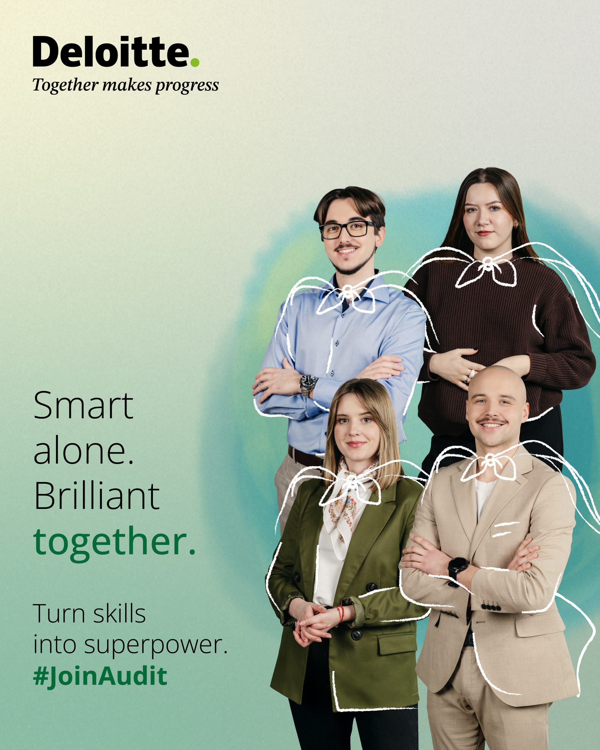 Cztery młode osoby w nieznesowych ubraniach stoją z założonymi rękami uśmiechając się/ Mają dorysowane białą kreską peleryny. Za mini zielone tło.