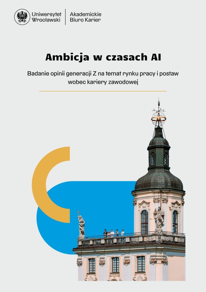 Okładka raportu - logotyp ABK na szarym tle obok kolażu z budynku gmachu głównego wraz niebieskimi i żółtymi elementami geomatrycznymi