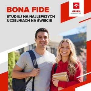 Plakat promujący program BONA FIDE, na plakacie na szarym tle z czerwonymi elementami widać młodego mężczyznę i kobietę, trzymających plecak i książkę.