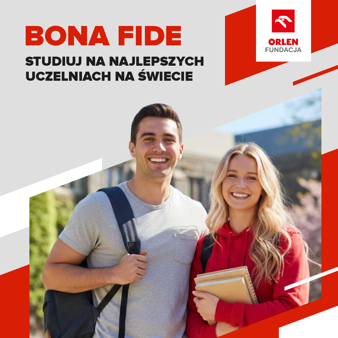Plakat promujący program BONA FIDE, na plakacie na szarym tle z czerwonymi elementami widać młodego mężczyznę i kobietę, trzymających plecak i książkę.