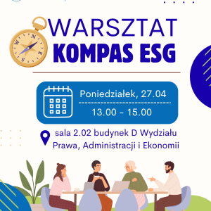 Grafika promująca warsztat Kompas ESG. Na grafice widać zieloną trawę i grupę ludzi siedzących na ławce