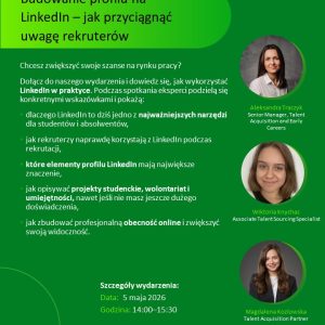 Grafika promująca spotkanie: Budowanie profilu na LinkedIn – jak przyciągnąć uwagę rekruterów. Na grafice: zdjęcia prelegentek i podstawowe informacje o spotkaniu.